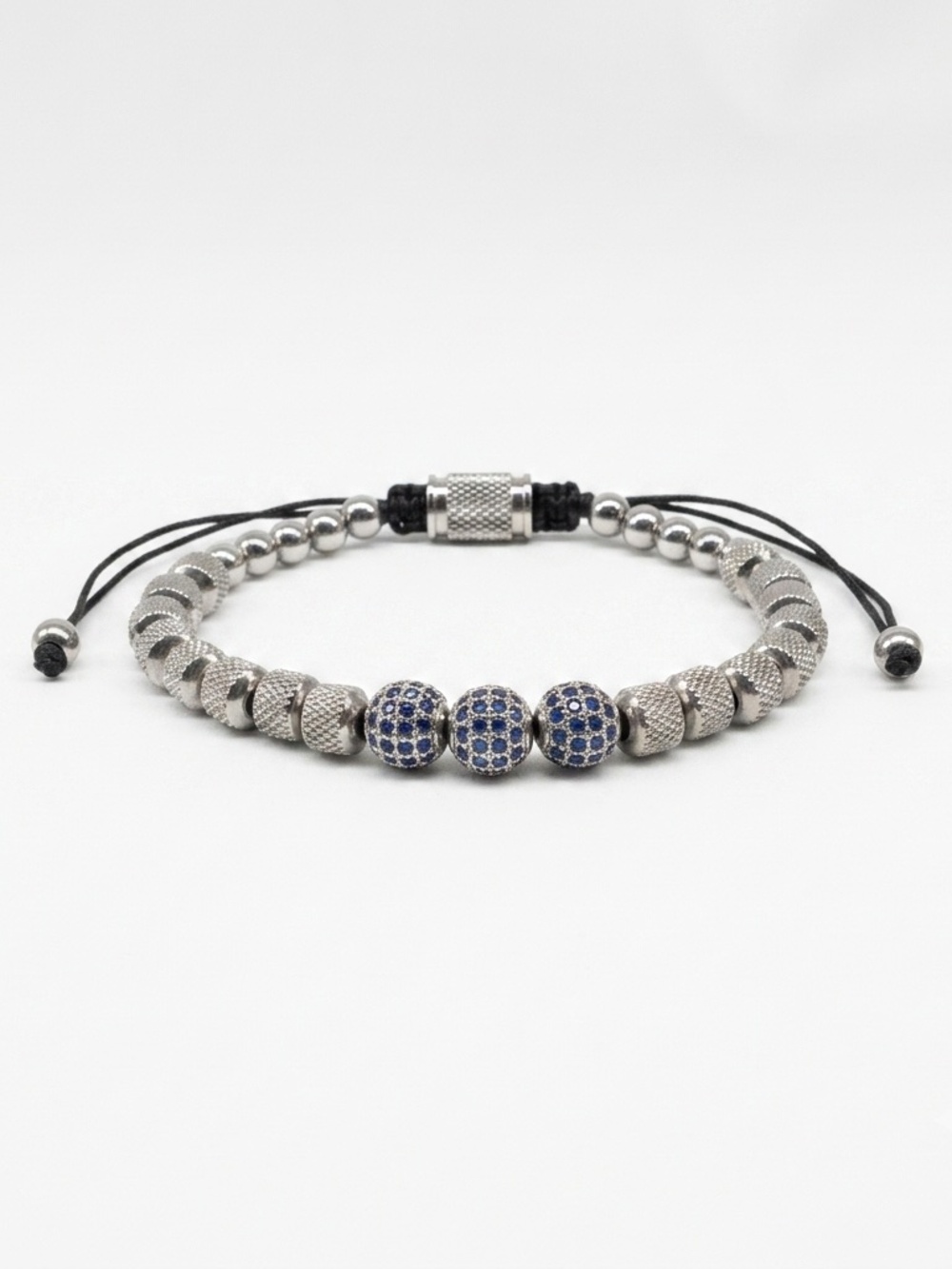 Men's Stainless Steel Bracelet — Blue CZ Beads, Adjustable